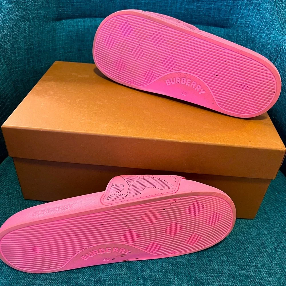 Pink Burberry Monogram Furley Slides. - Picture 3 of 6